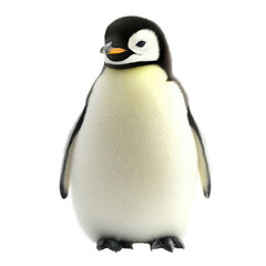 Fototapeta premium Cute juvenile penguin standing upright with fluffy feathers and bright eyes against a simple background in a playful pose