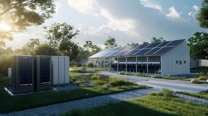 Obraz premium Advanced backup systems handling peak power needs, showcasing battery banks, solar panels, and emergency generators in a high-tech grid