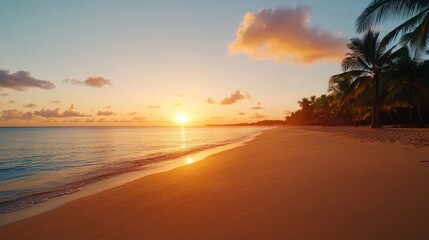 Serene sunset over a tranquil beach with gentle waves lapping at the shore, palm trees swaying