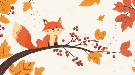 15.A cohesive autumn illustration collection including a playful fox, a squirrel perched on a branch, bright orange pumpkins, detailed red and yellow maple leaves, and clusters of berries in a