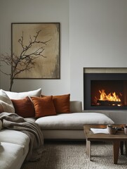 Cozy living room with fireplace pillows and artistic decorations