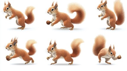 Naklejka premium 79.A collection of detailed vector illustrations of red-tailed squirrels in different poses, including running with an acorn, standing upright, and leaping gracefully, isolated on a clean white