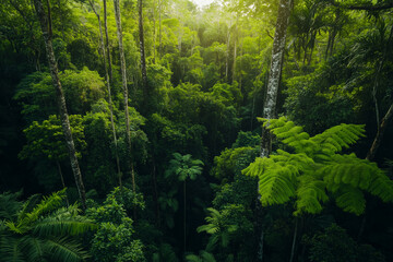 Obraz premium Landscape view of rainforest jungle with plenty of green bush and tree, Aerial view of deep dark forest in tropical forest.