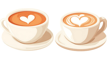 Two Cups of Coffee Art with Heart Designs in Froth, Cappuccino Latte Art Isolated Design