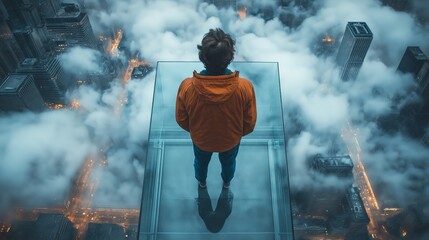 Obraz premium smog-covered city skyline, with a person wearing a face mask, toxic atmosphere