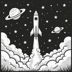 Naklejka premium A rocket takes off into space against the background of the night sky, black and white illustration.