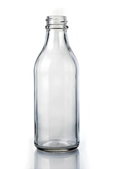 A clear glass bottle, isolated against a plain white background, with a smooth surface, ideal for product photography