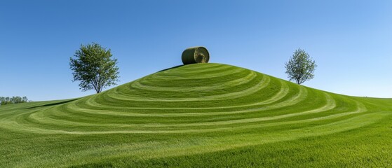 A large, green, grassy hill with a large, round, hay bale on top.