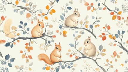 101.A cute and energetic pattern featuring squirrels gathering nuts and playing in tree branches, highlighted by colorful foliage and soft, muted tones for a baby-friendly fabric design.