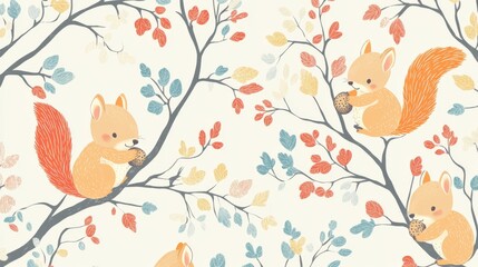 101.A cute and energetic pattern featuring squirrels gathering nuts and playing in tree branches, highlighted by colorful foliage and soft, muted tones for a baby-friendly fabric design.