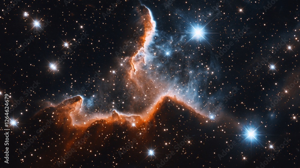 Poster in the infinite canvas of dark space, twinkling stars sparkle against a backdrop of cosmic clouds, h
