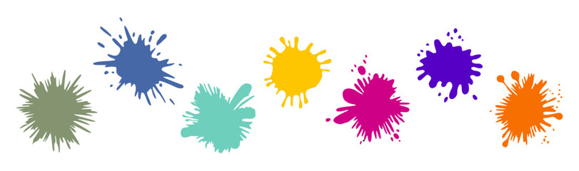 Set of different paint splash blots. Multicolor flat vector hand drawn illustrations, symbols, icons isolated on white background