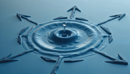 Water droplet creating ripples with arrows on blue surface