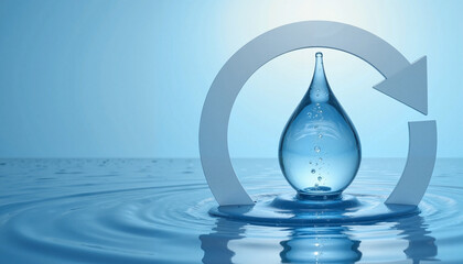 Water droplet symbolizing recycling on blue water background