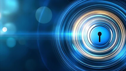A circular design featuring a keyhole at the center, surrounded by swirling blue light and energy effects.