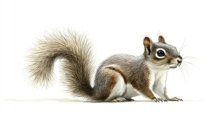 31.A delicate watercolor illustration of a vintage-style squirrel, depicted with soft brown and gray tones, its bushy tail intricately detailed, set against a clean white background.