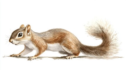 Obraz premium 31.A delicate watercolor illustration of a vintage-style squirrel, depicted with soft brown and gray tones, its bushy tail intricately detailed, set against a clean white background.