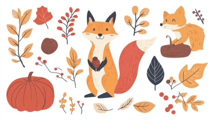 17.A delightful flat illustration featuring autumn icons like a curious fox, an animated squirrel clutching an acorn, bright foliage, pumpkins, and berry sprigs, arranged on a crisp white backdrop.