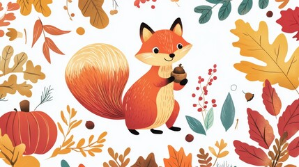 17.A delightful flat illustration featuring autumn icons like a curious fox, an animated squirrel clutching an acorn, bright foliage, pumpkins, and berry sprigs, arranged on a crisp white backdrop.
