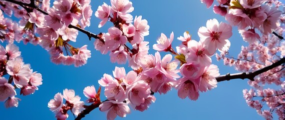 Magnificent cherry blossom trees in full bloom creating a stunning palette of pink against a clear blue sky heralding springs arrival