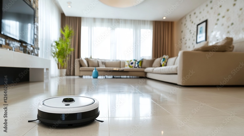 Aufkleber a high-tech robot mop cleaning a smooth tiled floor automatically.