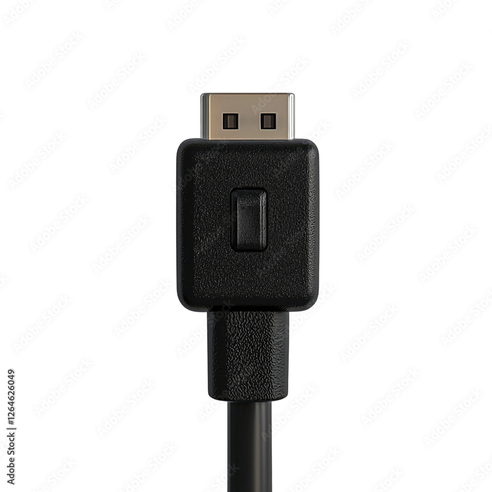 Poster black usb connector with square button on cable against solid white background for technology and el