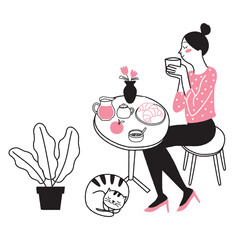 young Woman Enjoying Morning Breakfast in cafe