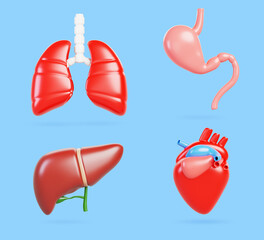 3d human internal organs, heart, liver, lungs and stomach. Body anatomy, health and medical concept for cardiology, hepatology, pulmonology, gastroenterology. Cartoon render icon set. 3D illustration