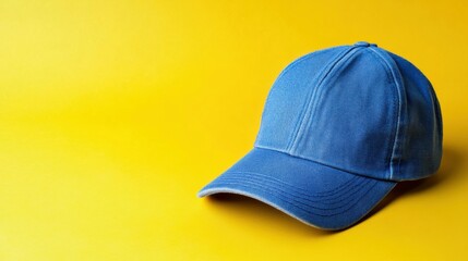 Fototapeta premium Blue Baseball Cap. Stylish Apparel Accessory on Yellow Canvas Background