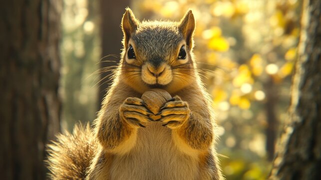 9.A detailed portrait of a fox squirrel with thick, bushy fur, holding a nut in its paws, set against a serene backdrop of tall oak trees in a sunlit forest.