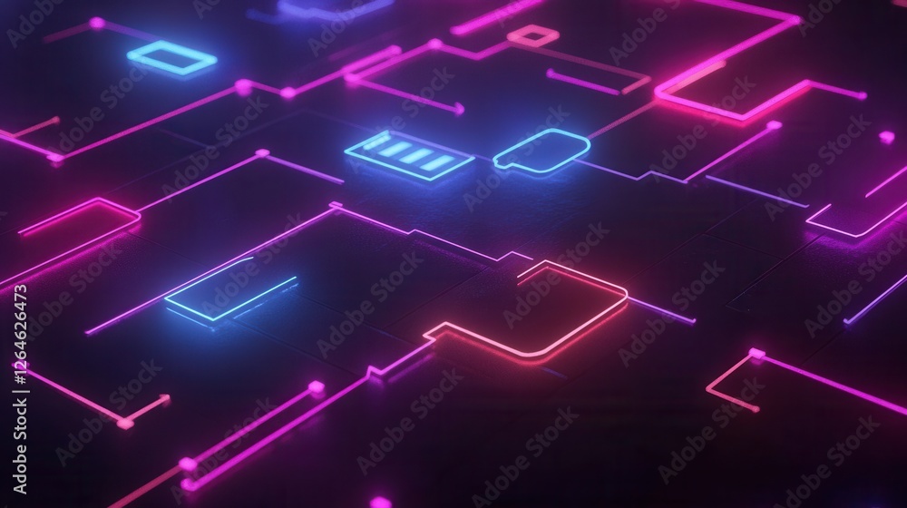 Aufkleber neon-illuminated financial flowchart, dynamic design showcasing vibrant animated pathways and connec