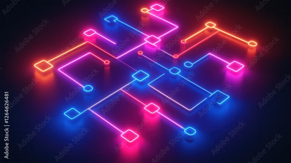 Poster neon financial flowchart, vibrant animated design illustrating financial processes with glowing elem