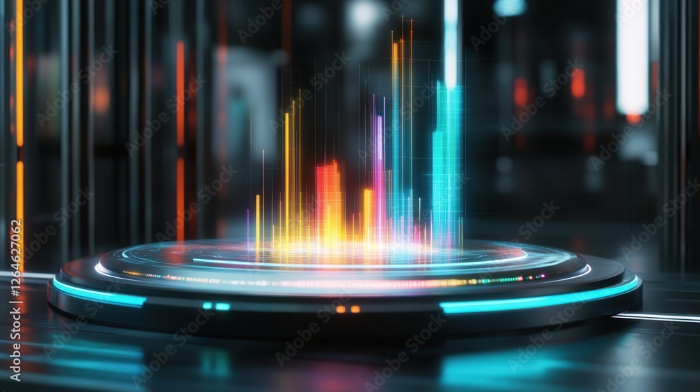 Poster futuristic holographic bar chart on advanced display, showcasing data in a sleek, modern environment