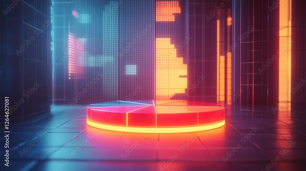 Poster futuristic data visualization, a luminous pie chart suspended in a high-tech setting, showcasing int