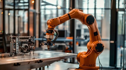 Orange robotic arm working in factory.