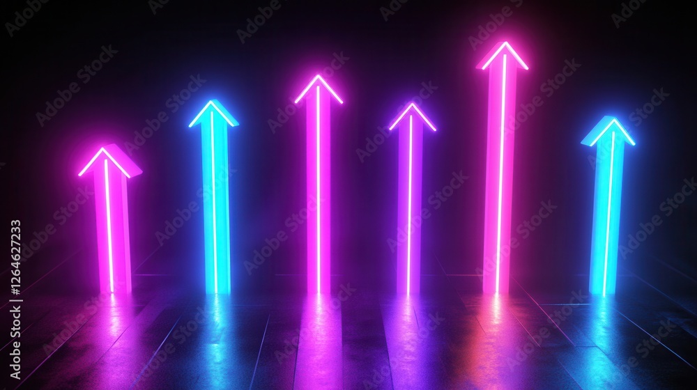 Poster neon holographic bar graph with dynamic arrows, vibrant data visualization, engaging design, modern 