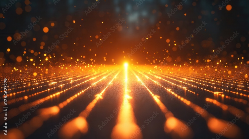 Poster dynamic digital network, illuminated arrows converging on a central business objective, symbolizing 