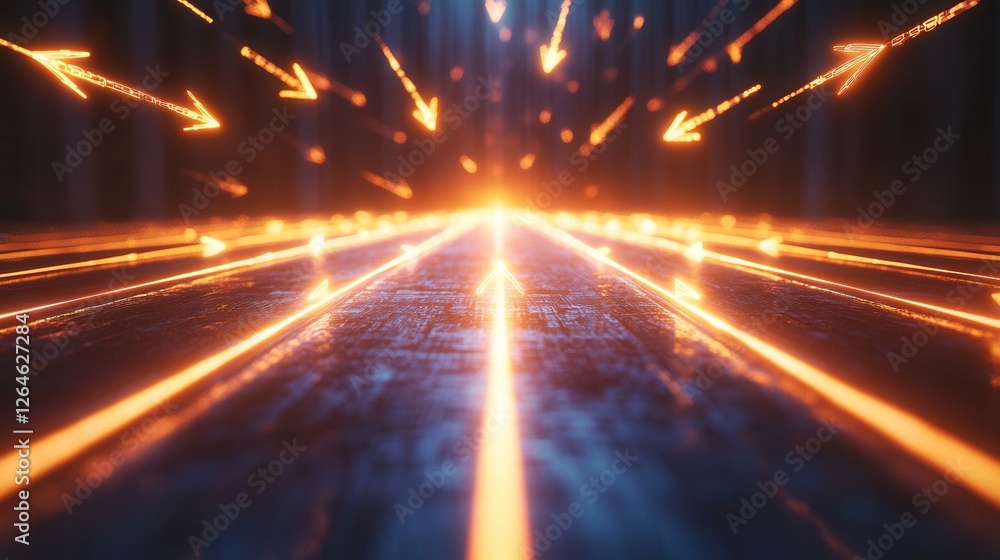 Poster dynamic digital network of illuminated arrows converging towards a central business objective, symbo