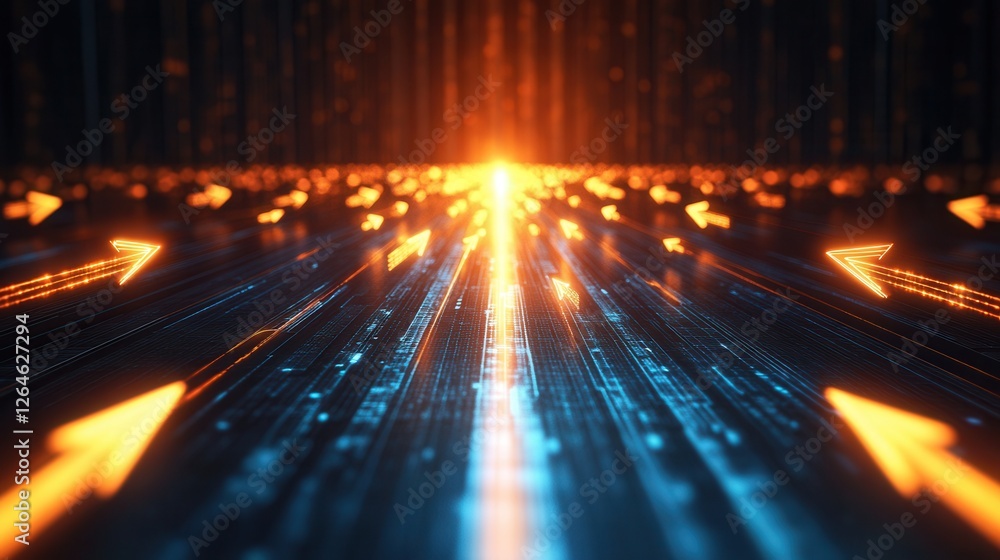 Poster dynamic digital network of illuminated arrows converging on a central business objective, symbolizin
