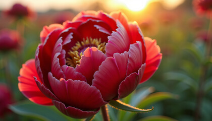Red peony flower in full bloom with detailed petals