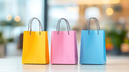 Colorful paper shopping bags arranged on a table with a blurred background of a modern store