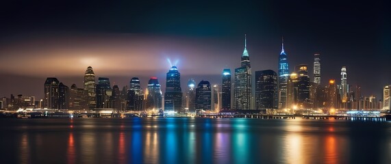 Fototapeta premium Vibrant city skyline illuminated at night with bright lights reflecting off the water inviting the thrill of nightlife adventures