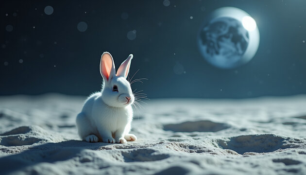 White rabbit sitting on the moon under a starry night sky - Powered by Adobe