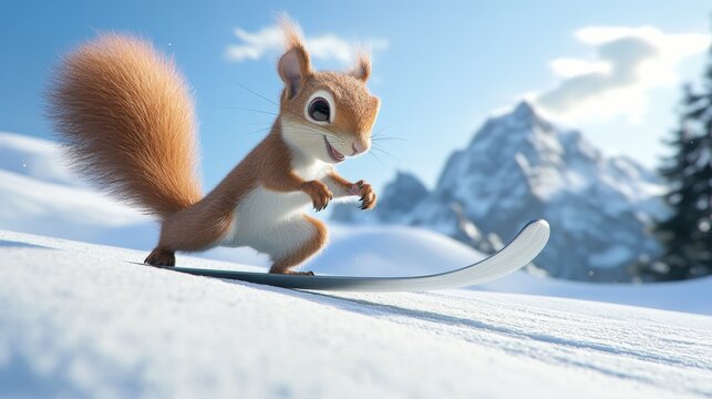 47.A fun and animated squirrel skiing gracefully, its tail acting as a counterbalance, with snowy peaks and clear skies in the distance.