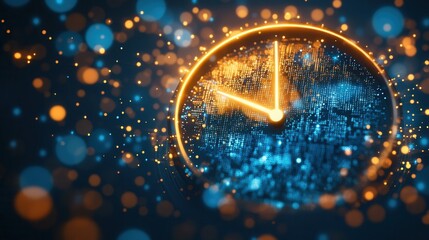 Glowing digital clock encircled by data points, representing efficient time management and organization in a digital landscape
