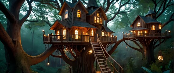 Whimsical treehouse village nestled among the treetops inviting adventurous spirits to explore and reconnect with nature