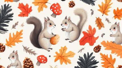 Fototapeta premium 69.A lively pattern of cute squirrels interacting with forest elements like oak leaves, pinecones, and mushrooms, all rendered in vivid colors and soft, rounded shapes for a childlike appeal.