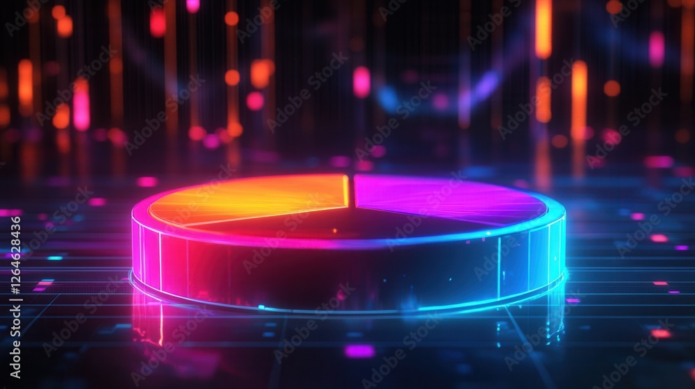 Poster futuristic data visualization, a vibrant pie chart with dynamic data points, showcases interactive a