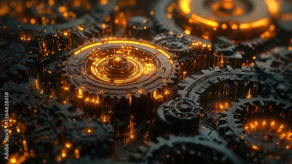 Poster glowing gears in motion, an intricate digital visualization of interconnected gears radiating light 