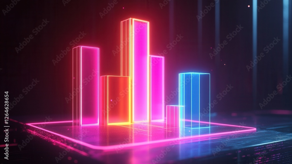 Poster dynamic neon bar graph on a high-tech platform, vibrant colors illuminate data trends, modern digita